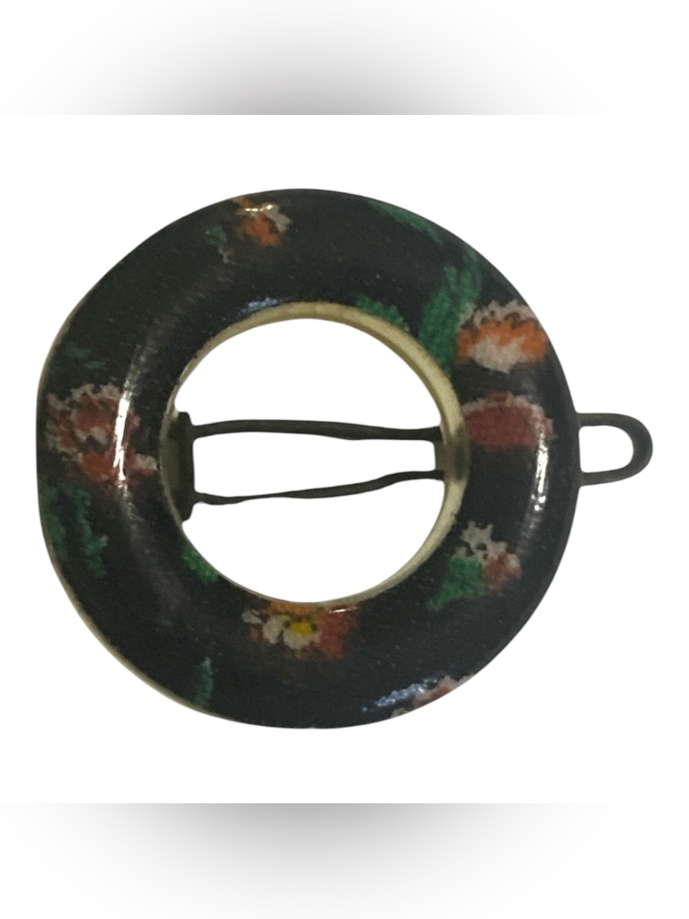 1960’s Vintage Round Black Floral French Barrette, Deadstock/Unworn